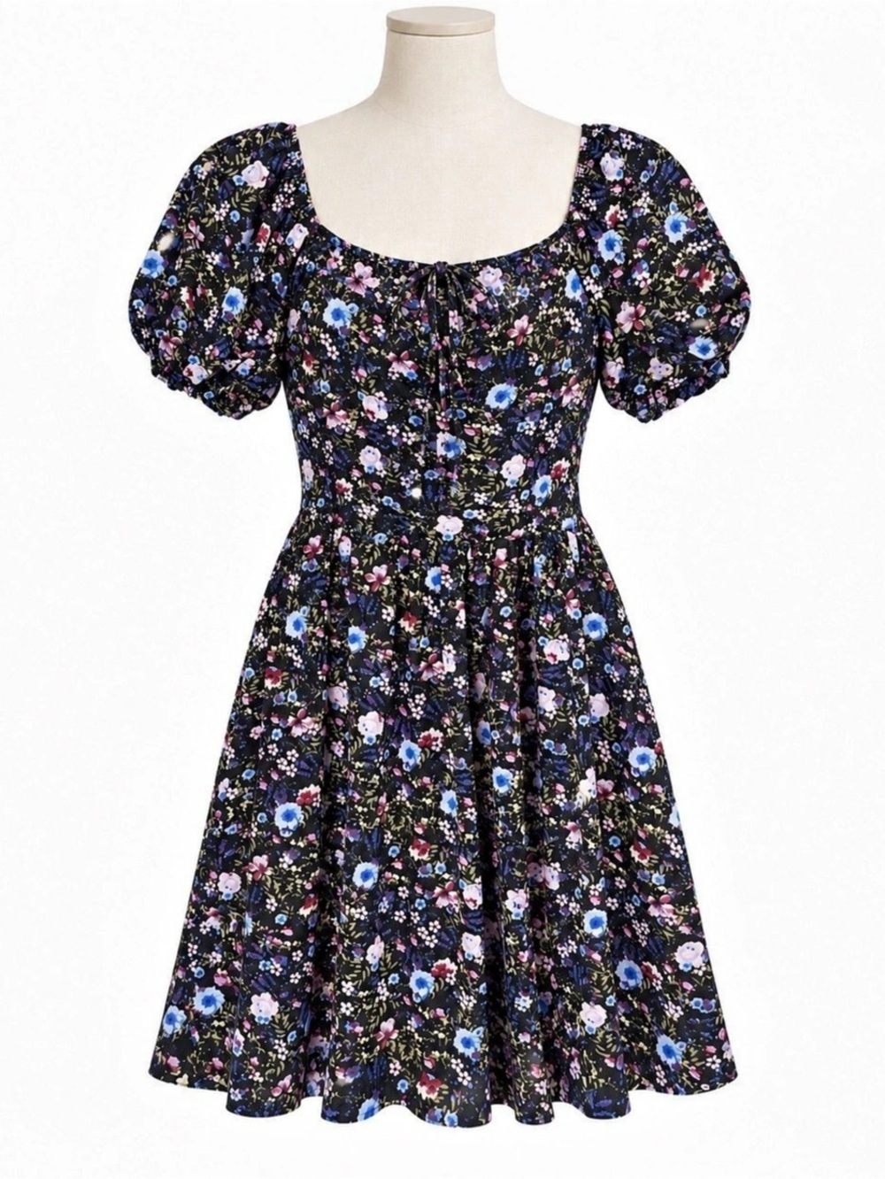 Justify Black Floral Puff Sleeve Mini Dress Cottagecore Size L